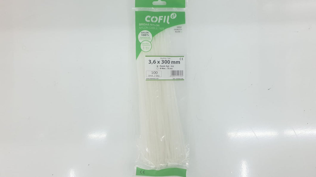 BRIDA NYLON BLANCA 3,6 X 300 (100 unidades)