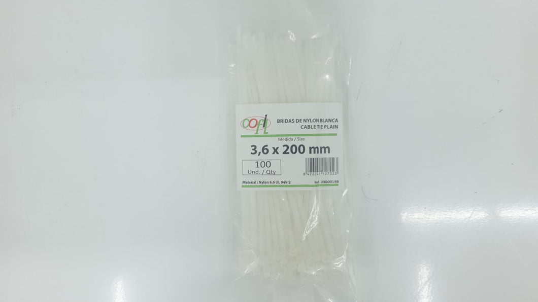 BRIDA NYLON BLANCA 3,6X200 (100 unidades)